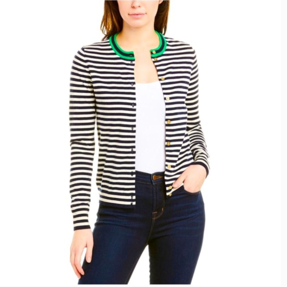 NEW J. Crew Tipped Caryn Striped Cardigan in Navy/Ivory/Green - size XS! - Picture 3 of 9